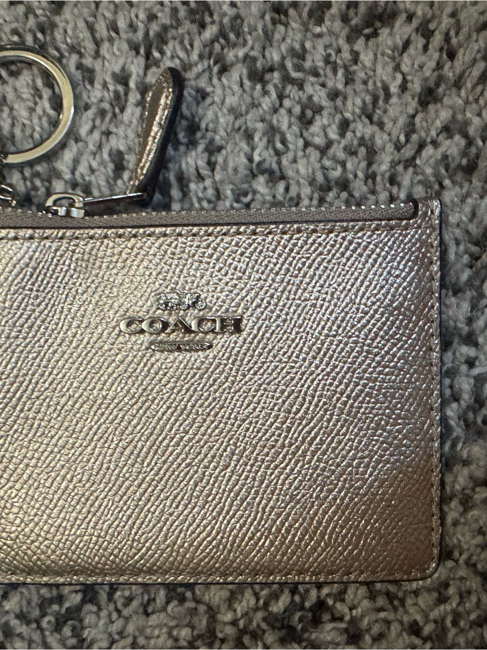 Coach Metallic Rose Gold Leather Zip Card Case with Key Ring